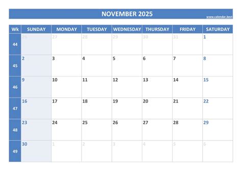 November 2025 Calendar With Week Numbers 2025 Kathi Maurise