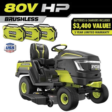 Ryobi 80v Hp Brushless 42 In Battery Electric Cordless Riding Lawn Tractor With 3 80v 10ah