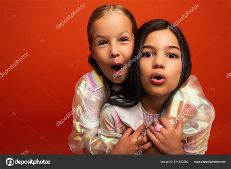 Funny Preteen Girls Looking Camera Grimacing Open Mouths Isolated