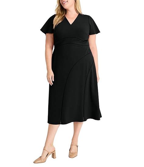 Maggy London Plus Size V Neck Flutter Sleeve Asymmetrical Trim A Line