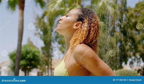 Girl Taking Outdoor Shower In Bikini Stock Photo Image Of Healthy Relax