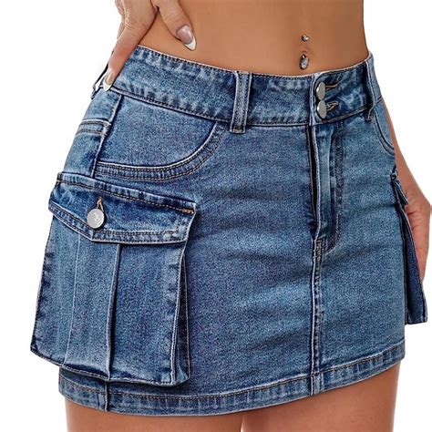 Mancreda Women Denim Cargo Skirt Mini Low Waist Button Bodycon Y K Flap