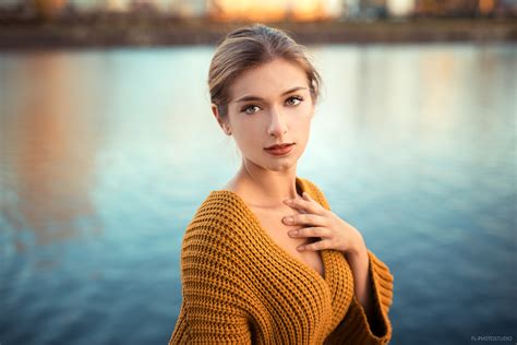 Wallpaper Blonde Red Lipstick River Depth Of Field Portrait