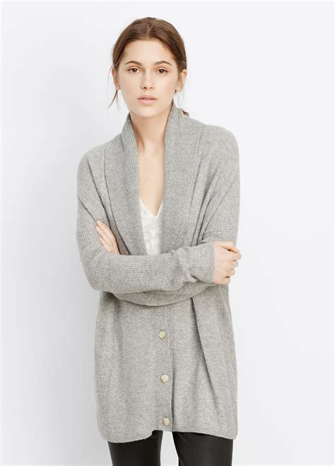 Vince Wool Cashmere Directional Rib Shawl Collar Cardigan In Heather