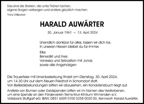 Traueranzeigen von Harald Auwärter ZVW Trauer