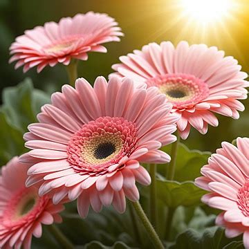 pink gerbera daisies glow   sun  rays background pink gerbera
