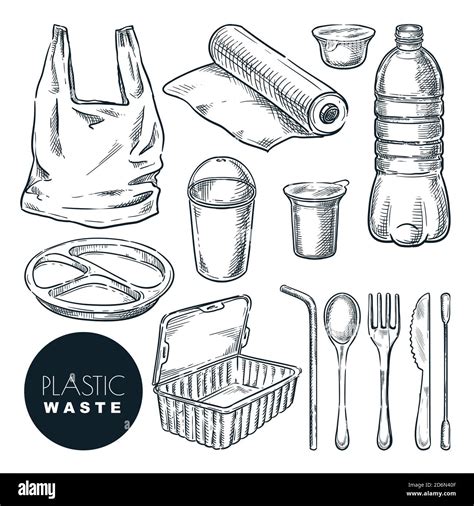 Plastic Waste Vector Sketch Illustration Hand Drawn Garbage And Trash