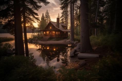 Premium Ai Image A Cabin In The Woods At Sunset