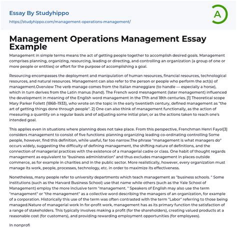 Management Operations Management Essay Example