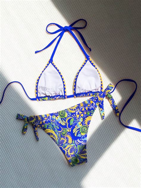 Swim Vcay Summer Halter Allover Print Halter Neck Bikini Top And Side Tie Bikini Bottom Set