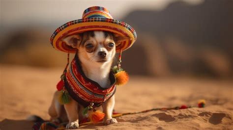 Un Perro Chihuahua Con Sombrero Se Sienta En El Desierto Foto Premium