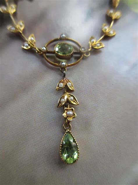 Antique 14k Peridot Seed Pearl Necklace With Makers Mark Ruby Lane