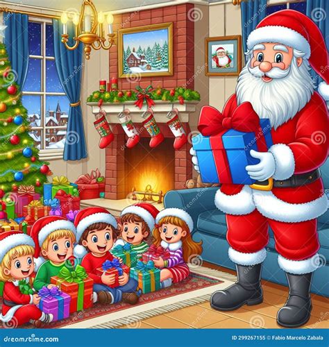 Santa Claus Giving Gifts To the Children of a Family. Stock Illustration - Illustration of next ...