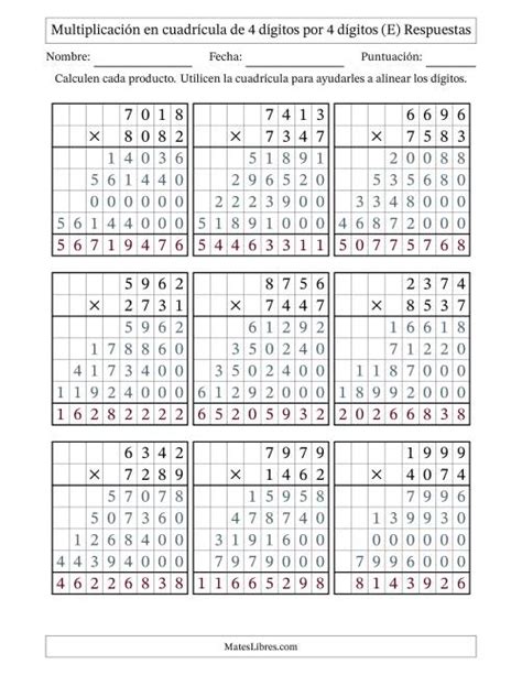 Multiplicación con apoyo de cuadrícula de 4 dígitos por 4 dígitos E