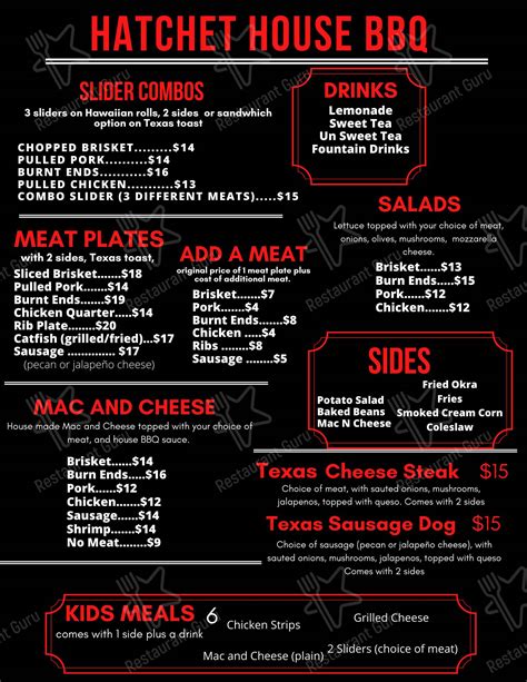 Menu at Hatchet House BBQue, Graham