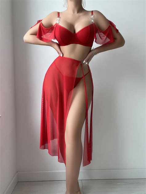 Generic Red Sexy Sheer Mesh Seductive Sexy Lingerie Women S Suit Three Piece R Walmart