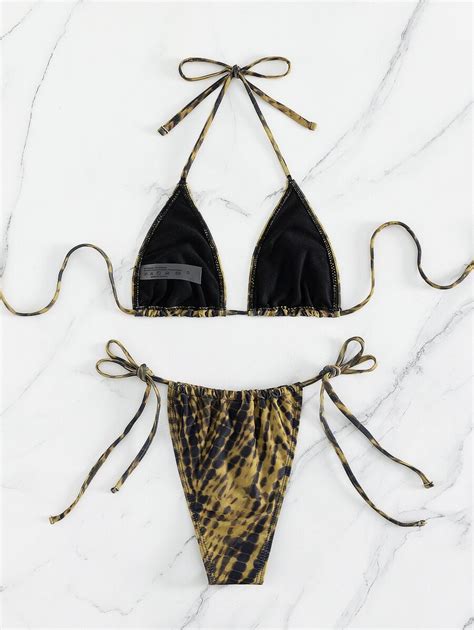 Shein Swim Summer Beach Tie Dye Bikini Set Halter Micro Triangle Bra Tie Side Bottom Piece