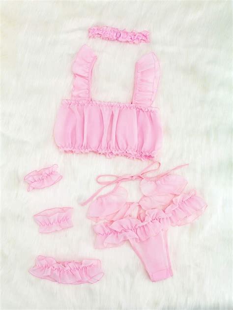 Romwe Kawaii Pack Ruffle Trim Chiffon Lingerie Set With Choker Shein Usa