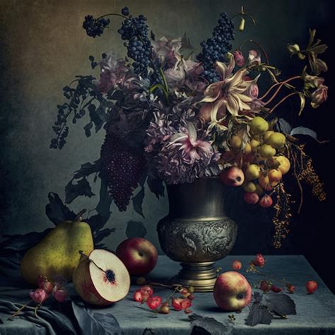 Premium Ai Image Classic Still Life Composition Vase Fruit Generative Ai