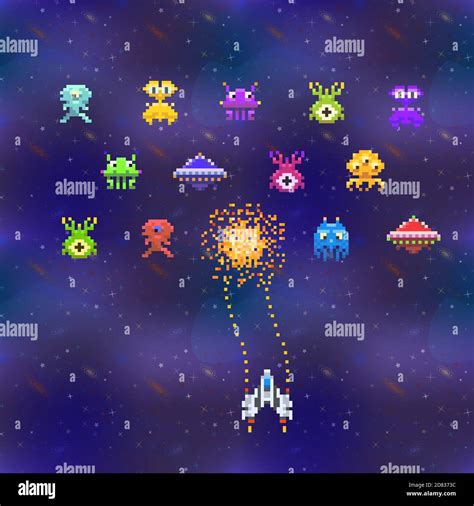 Cute Space Invaders In Pixel Art Style On Deep Space Background