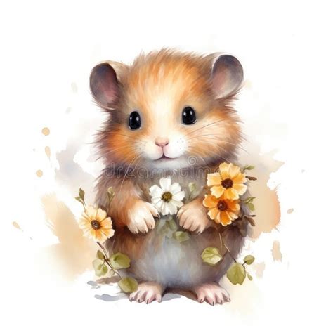 Cute Hamster With Flowers Watercolor Cartoon Illustration Stock