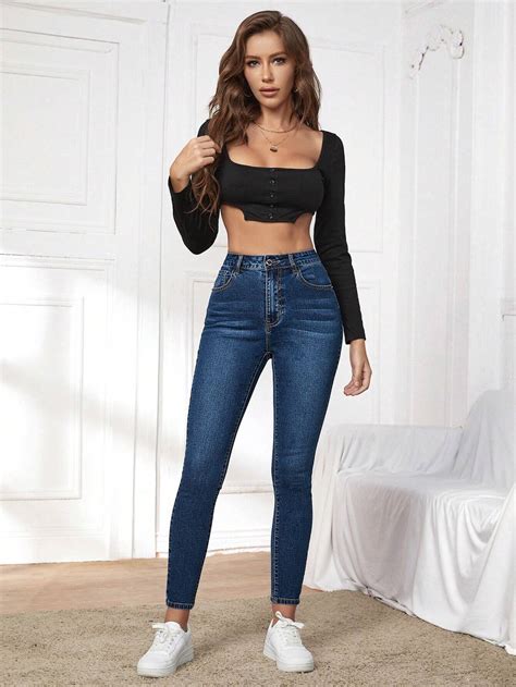 Shein Essnce High Waist Slant Pocket Skinny Jeans Shein Usa