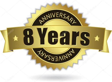 8 Years Anniversary Golden Stamp With Ribbon Vector Eps 10 Stock