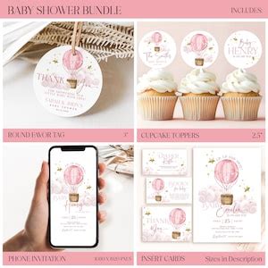 Hot Air Balloon Baby Shower Bundle Editable Invitation Pink Games