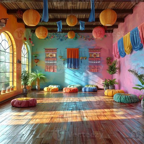 AI Generated Vibrant Latin dance studio with colorful decorations and a wooden floor3D render
