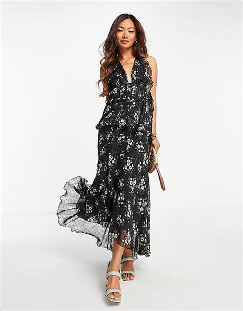 Asos Design Halter Neck Floral Print Midi Dress With Ruffle Detail Asos