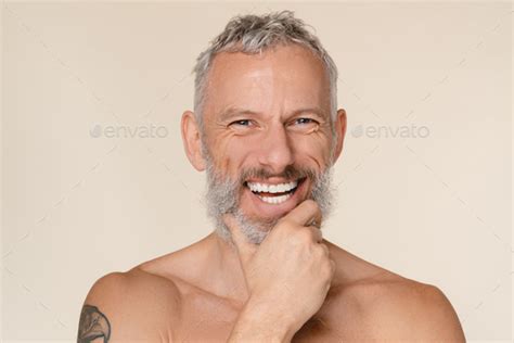 Smiling Caucasian Mature Middle Aged Man With Bare Shoulders Naked