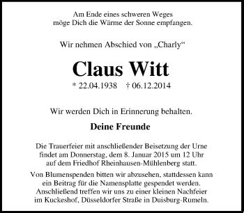 Traueranzeigen Von Claus Witt Trauer In Nrw De