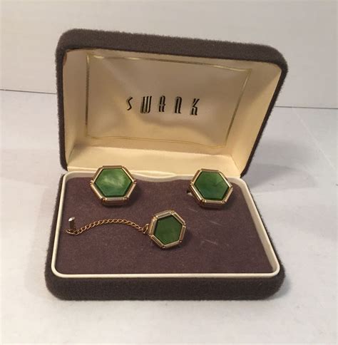 Vintage Swank Cuff Links Tie Tack Boxed Set Green Stone Gold Tone