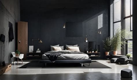 Premium Photo | A stylish bedroom with a bold black color scheme and a ...