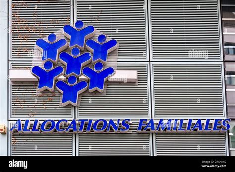 Sign and logo on the building of the Caisse d'Allocations Familiales