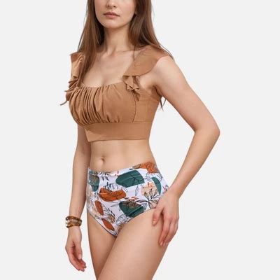 Anna Kaci Swim Women S Ruffle Bikini Top With Ruched Bust Detail And High Waist Leaf Print