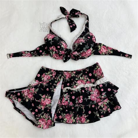 Floral Lolita Swimsuit Piece Bikini Set Black Depop