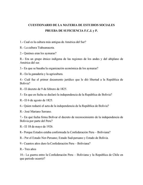 Preguntas Y Respuestas Estudios Sociales CUESTIONARIO DE LA MATERIA