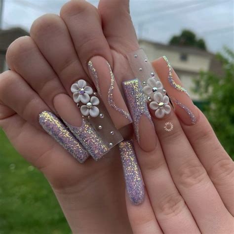 Long French Tip Acrylic Nails With Butterfly