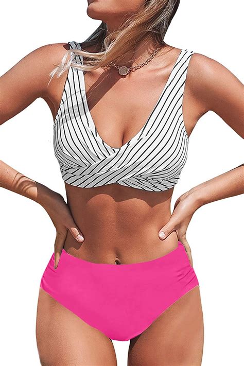 Women High Waisted Bikini Two Piece Tummy Control V Neck Swimsuit Wf Shopping