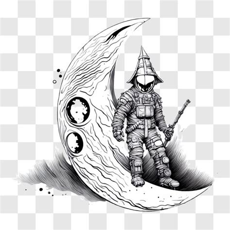 Download Person In Space Suit Standing On Crescent Moon With Spear And