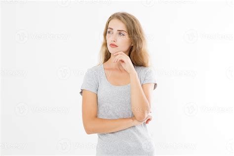 Thinking Young Blonde Woman In Blank Template T Shirt Isolated On White