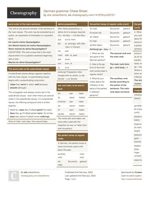 German Grammar Cheat Sheet By Ailawilliams 2 Pages Education German