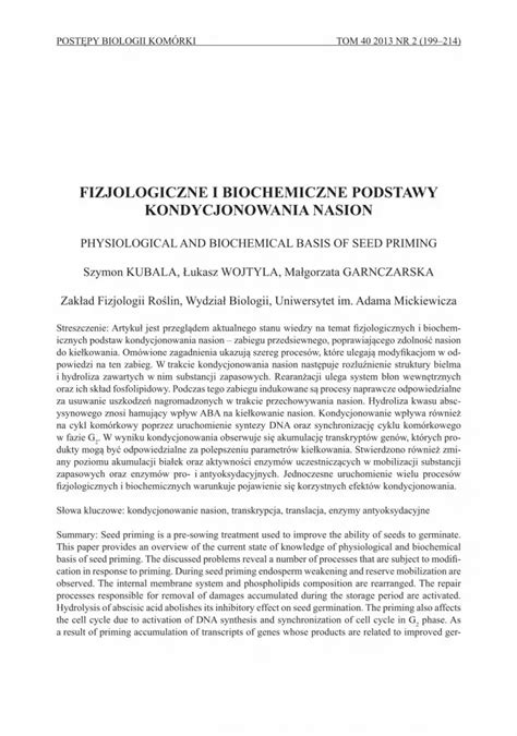 Pdf Fizjologiczne I Biochemiczne Podstawy Kondycjonowania Nasion