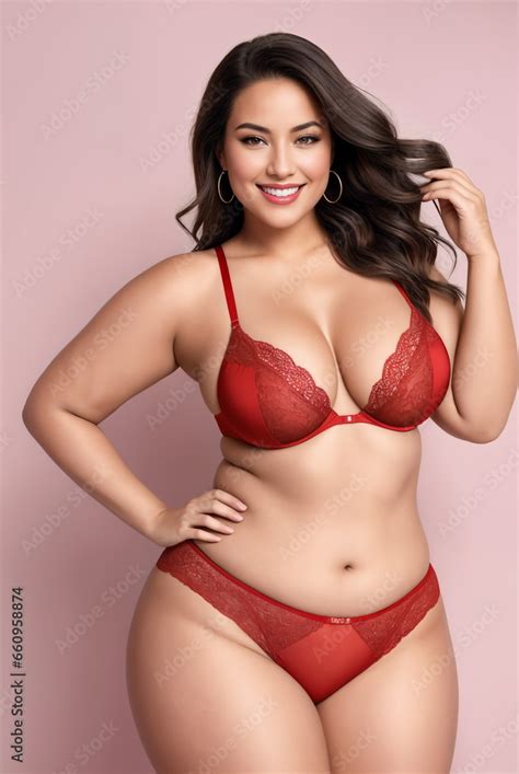 Beauty Curve Plus Size Fat Woman In A Red Underwear Lingerie In Studio Shot Long Dark Hair