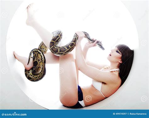 Brunette Woman With Python Stock Image Image Of Leaves