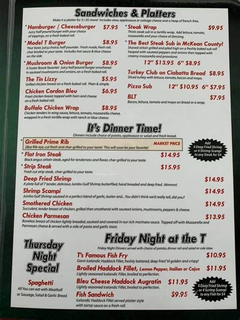 Menu Of Model T Inn In Bradford Pa 16701