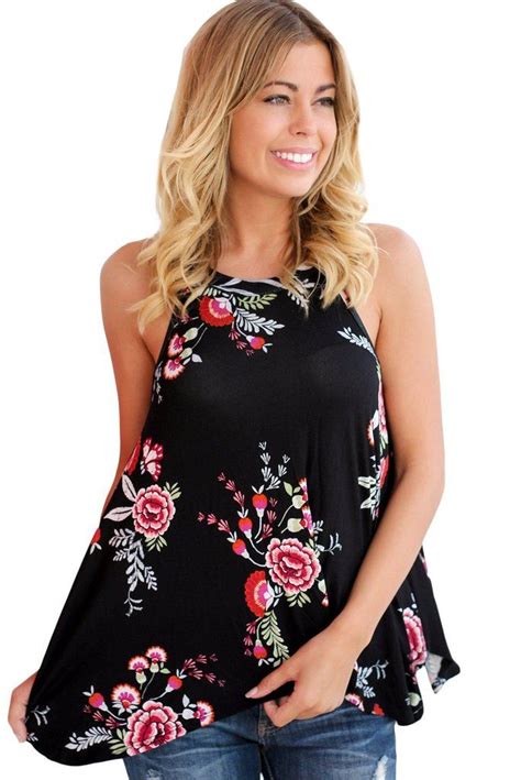 Black Floral Print Racerback Flowy Tank Top Floral Sleeveless Top