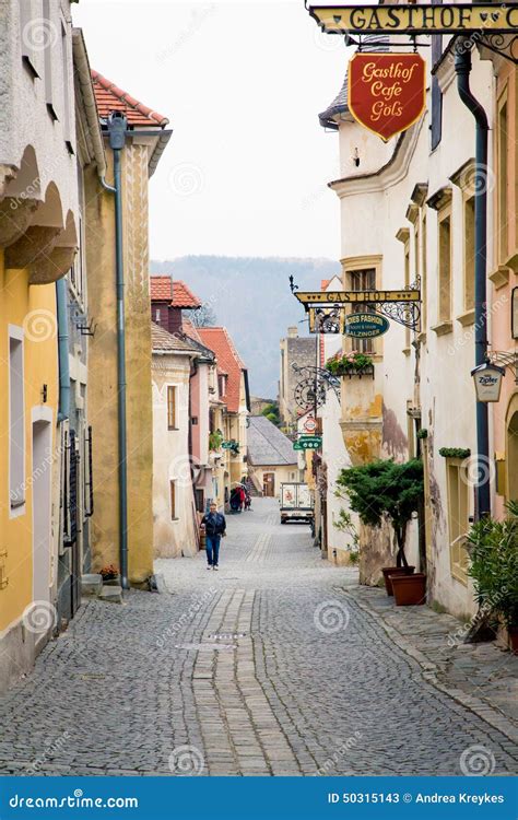 Old European Cobblestone Street In Durnstein Editorial Stock Photo