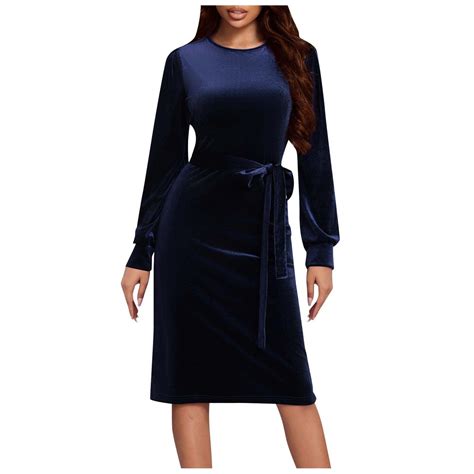 Womens Elegant Velvet Formal Dresses Long Sleeve Crewneck Christmas